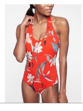 Athleta Red Floral Halter Swim One Piece XS